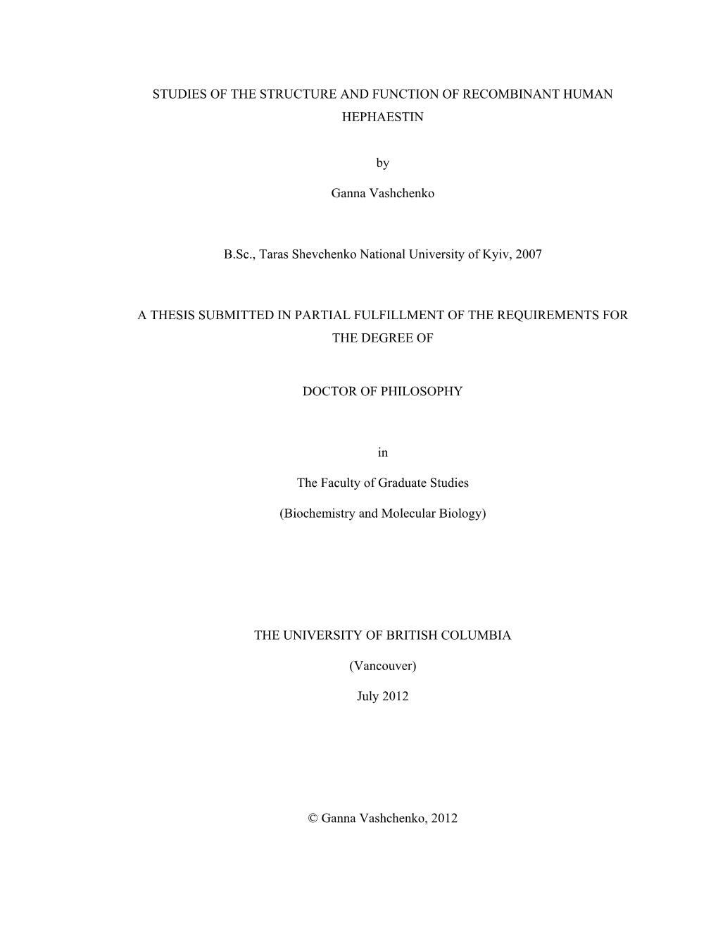 Studies of the Structure and Function of Recombinant Human Hephaestin