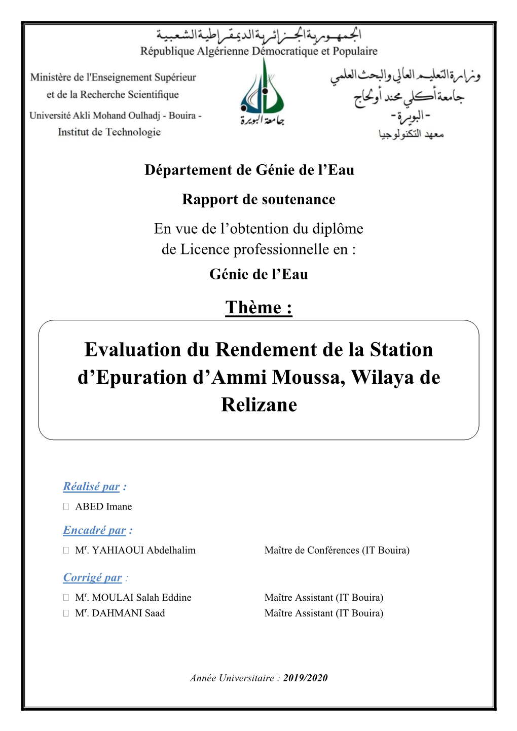 Evaluation Du Rendement De La Station D'epuration D'ammi Moussa