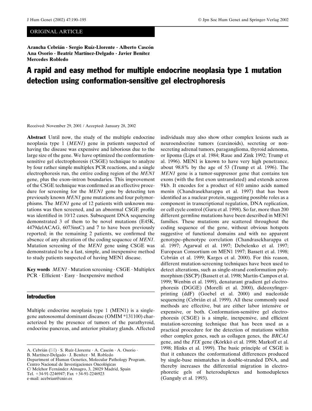 A Rapid and Easy Method for Multiple Endocrine Neoplasia Type 1 Mutation Detection Using Conformation-Sensitive Gel Electrophoresis