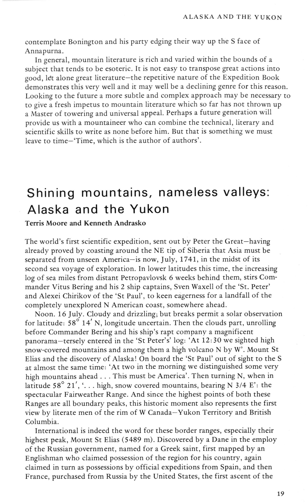 Shining Mountains, Nameless Valleys: Alaska and the Yukon Terris Moore and Kenneth Andrasko