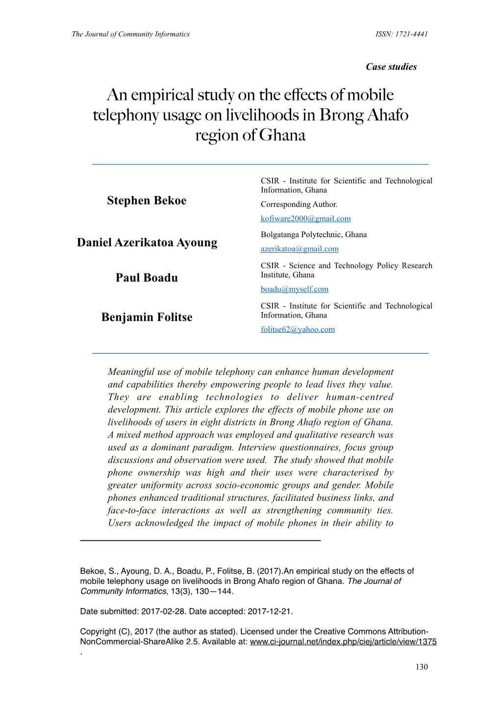 An Empirical Study on the Effects of Mobile Telephony Usage on Livelihoods in Brong Ahafo Region of Ghana