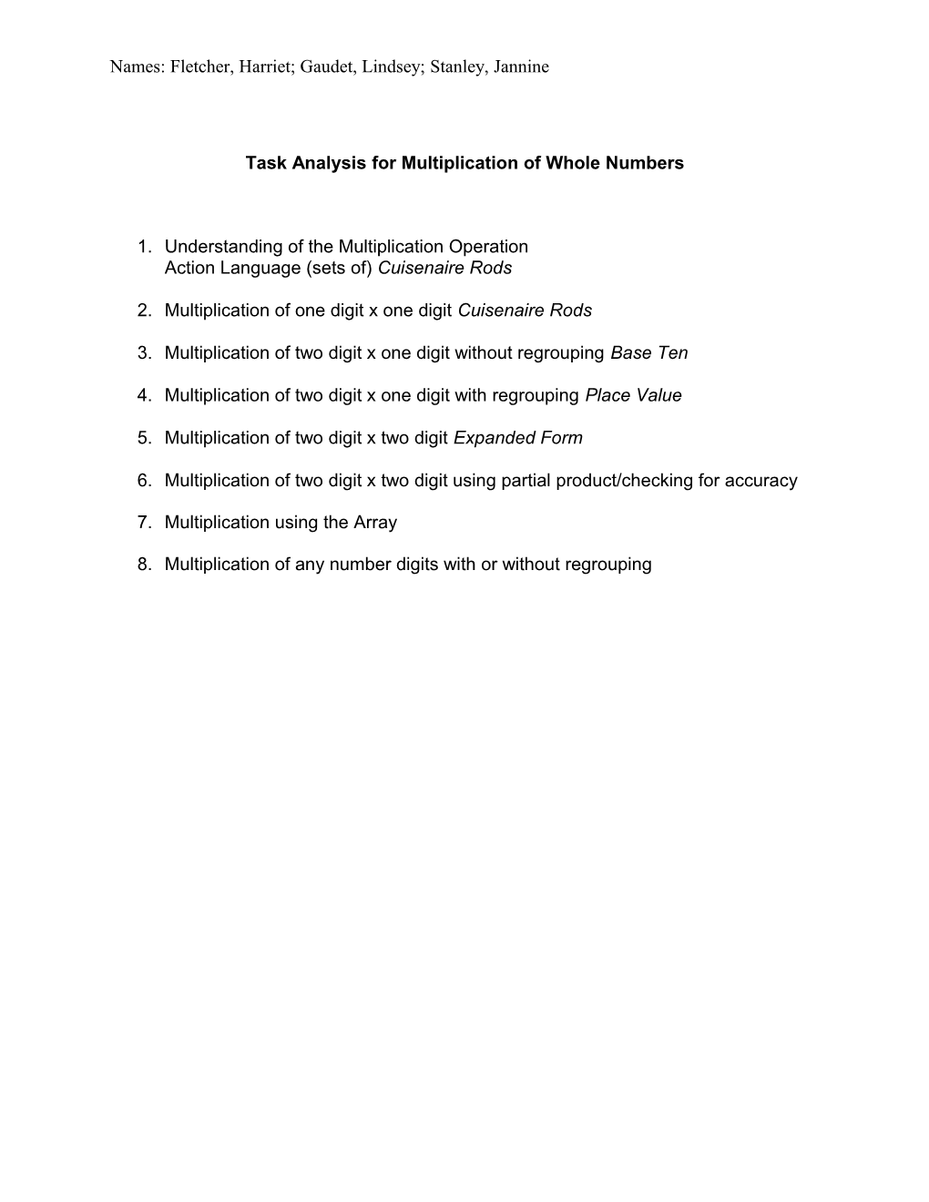 Task Analysis for Multiplication of Whole Numbers