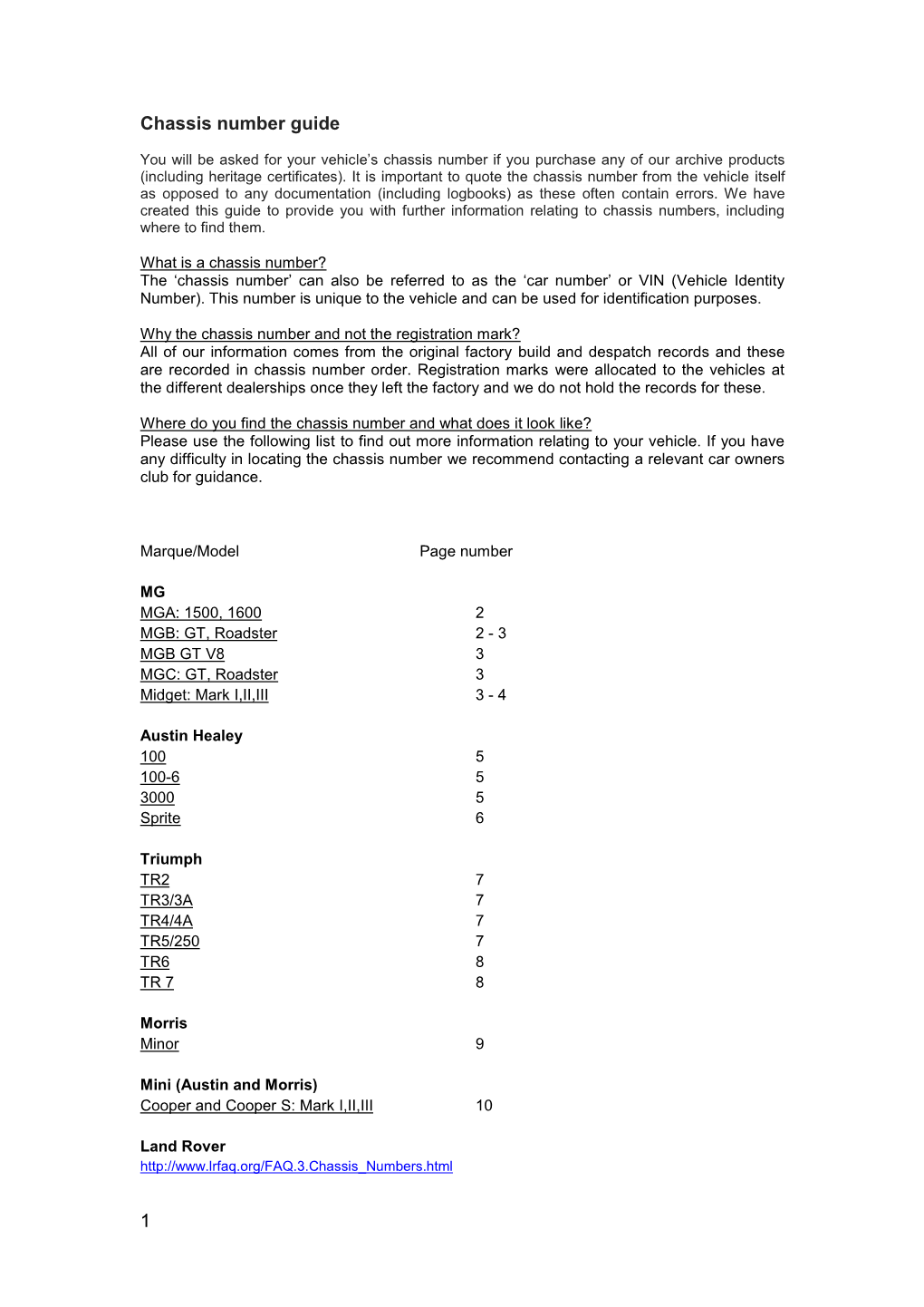 1 Chassis Number Guide