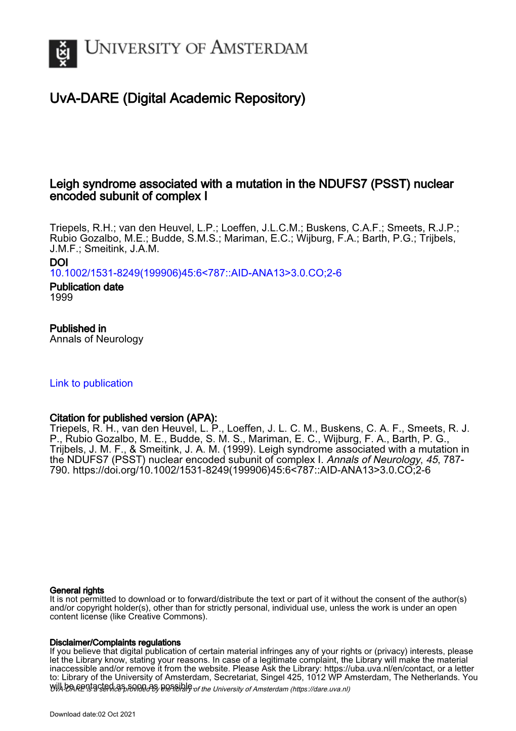 Leigh Syndrome Associated with a Mutation in the NDUFS7 (PSST) Nuclear Encoded Subunit of Complex I