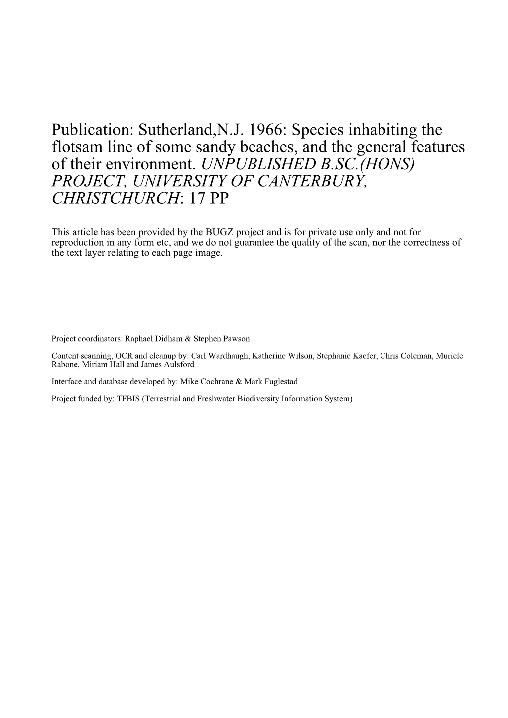 Publication: Sutherland,NJ 1966: Species Inhabiting the Flotsam Line