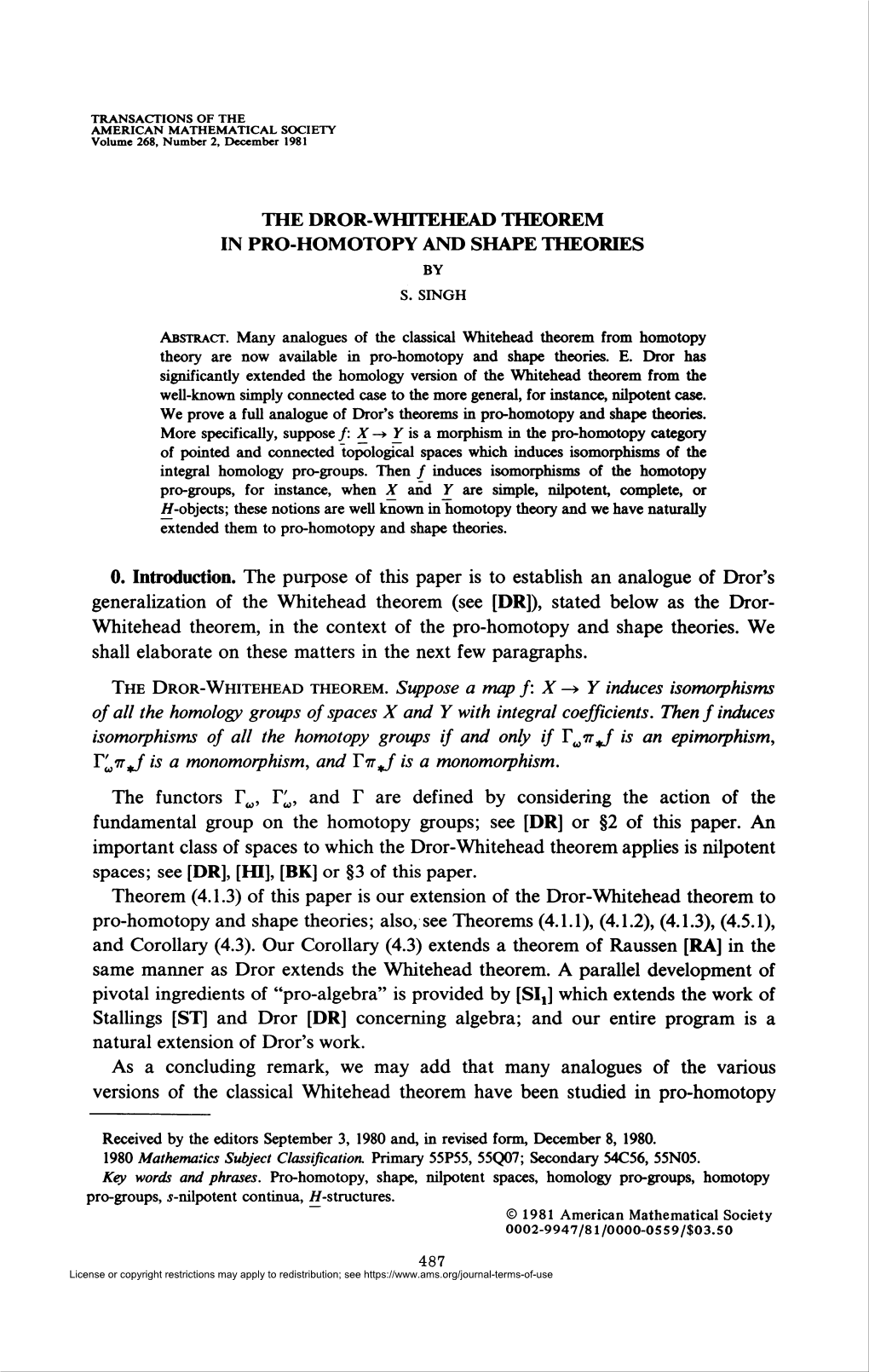 The Dror-Whitehead Theorem in Pro-Homotopy and Shape Theories by S