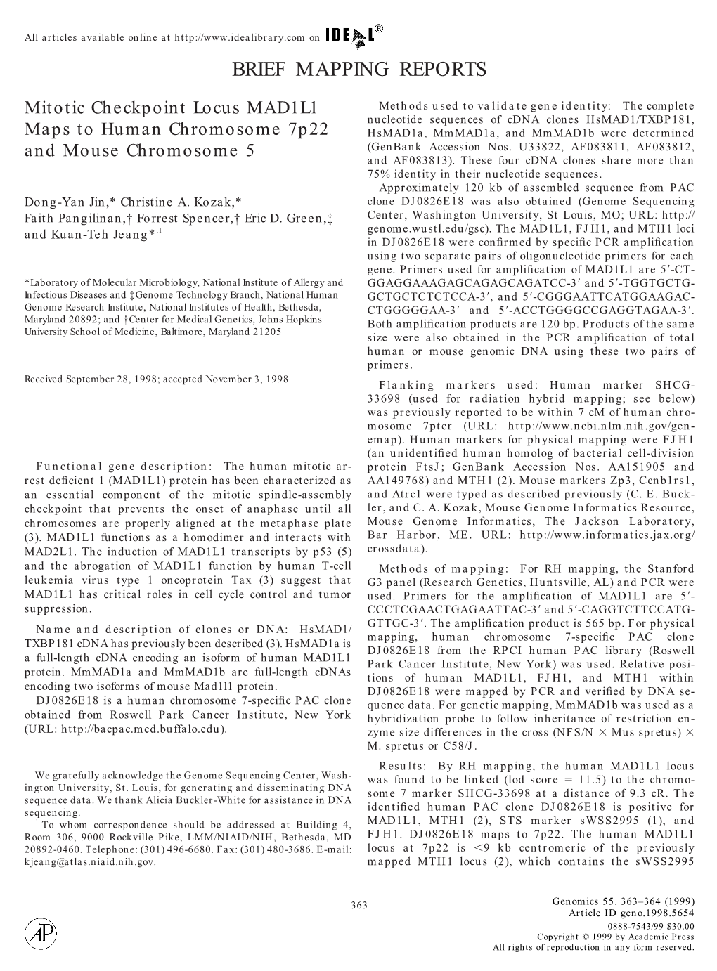 Mitotic Checkpoint Locus MAD1L1 Maps to Human Chromosome