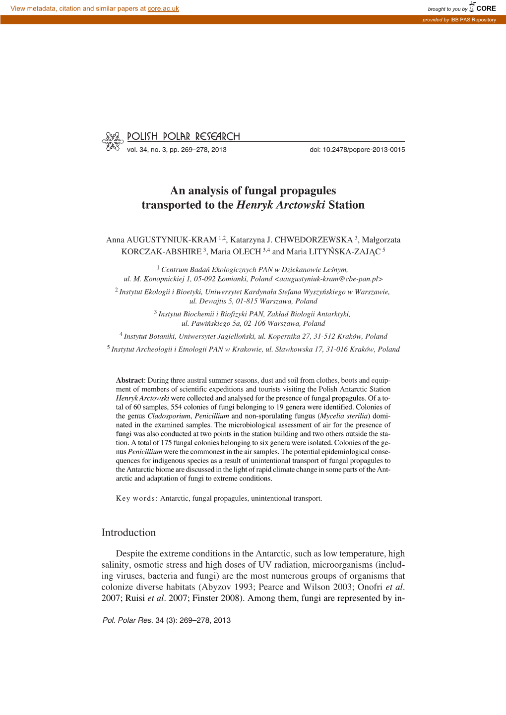 An Analysis of Fungal Propagules Transported to the Henryk Arctowski Station