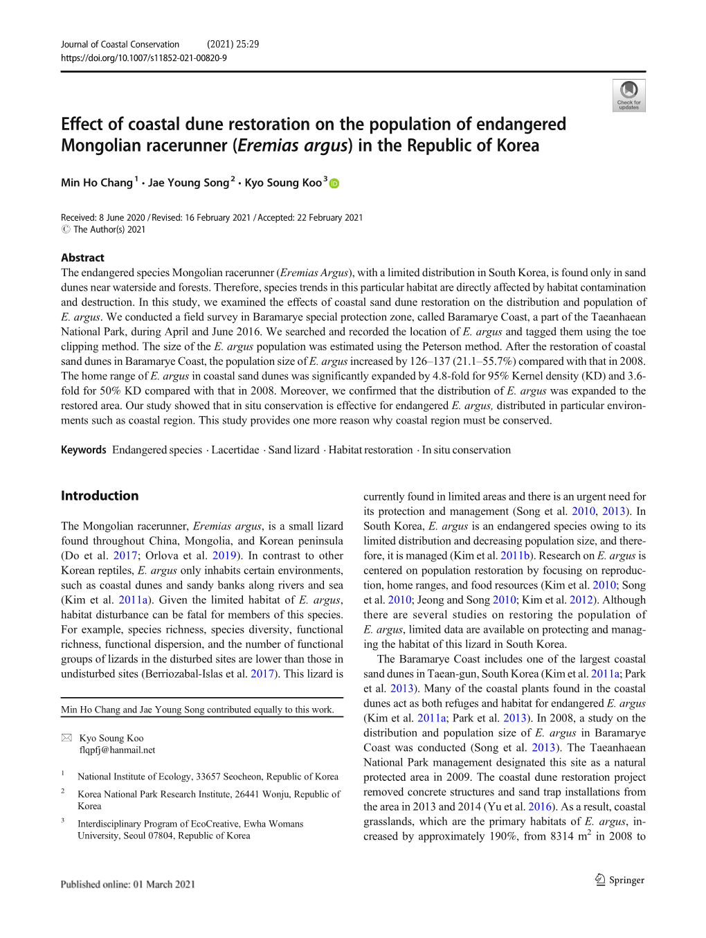 Effect of Coastal Dune Restoration on the Population of Endangered Mongolian Racerunner (Eremias Argus) in the Republic of Korea