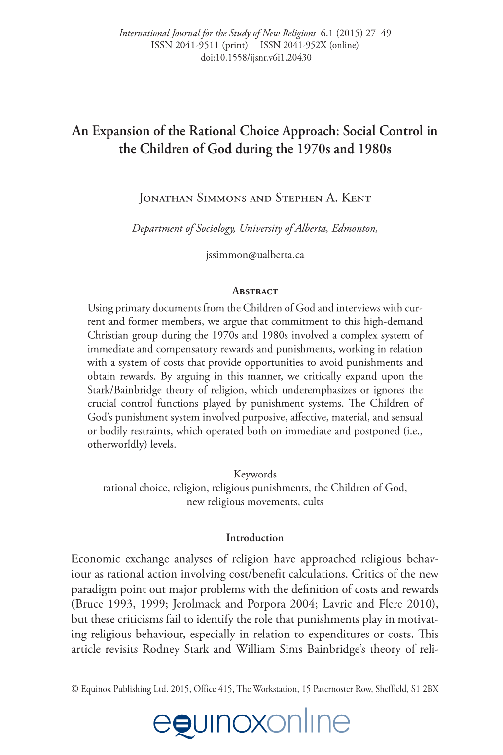 An Expansion of the Rational Choice Approach: Social Control in the Children of God During the 1970S and 1980S