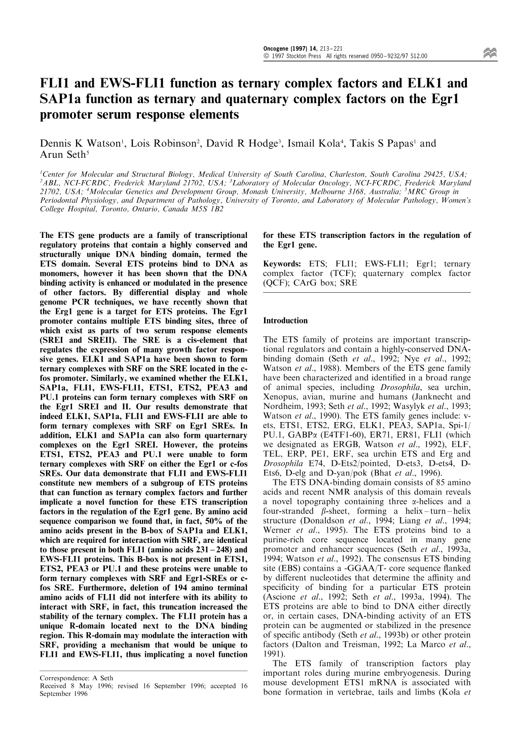 FLI1 and EWS-FLI1 Function As Ternary Complex Factors and ELK1 And