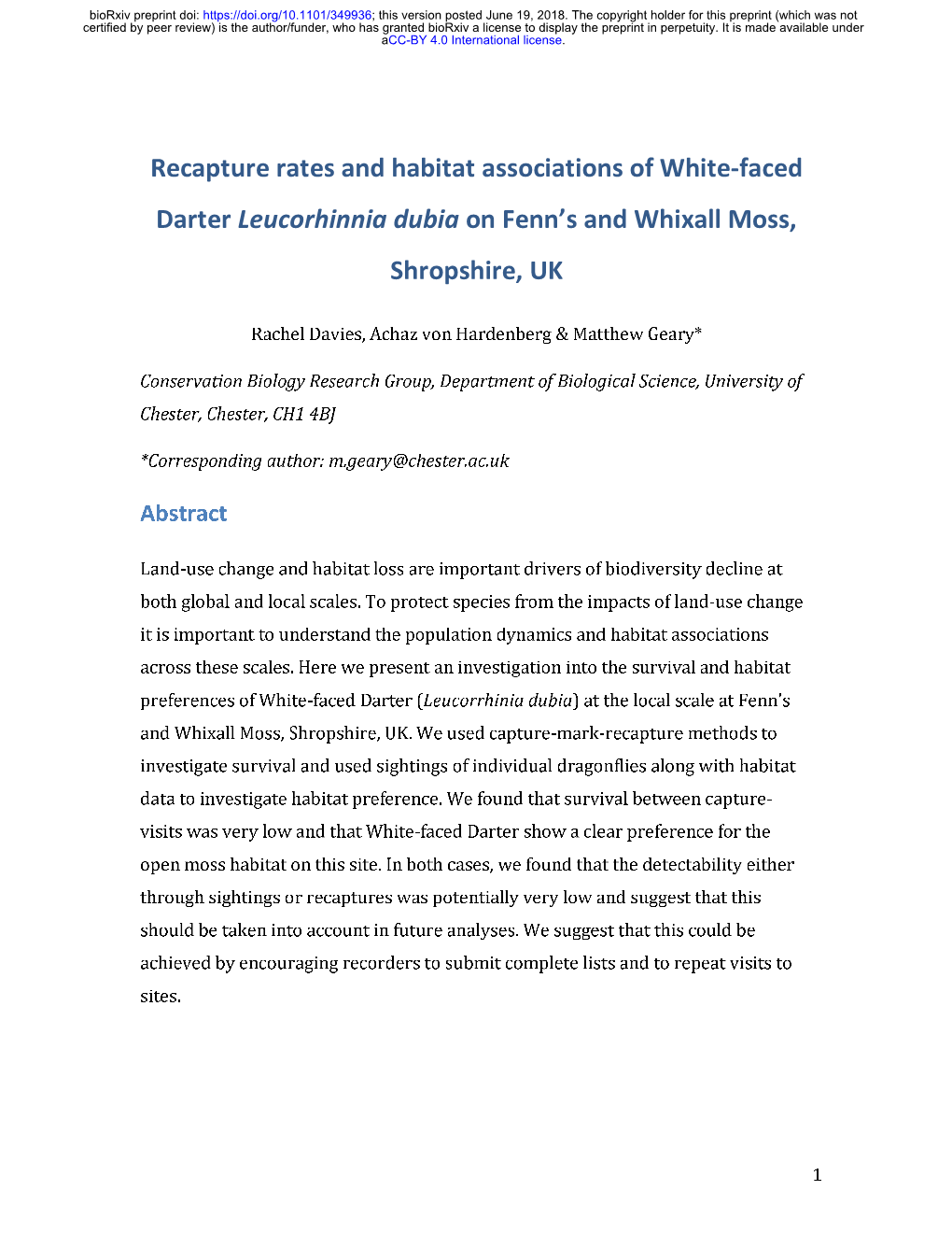 Recapture Rates and Habitat Associations of White-Faced Darter Leucorhinnia Dubia on Fenn’S and Whixall Moss, Shropshire, UK