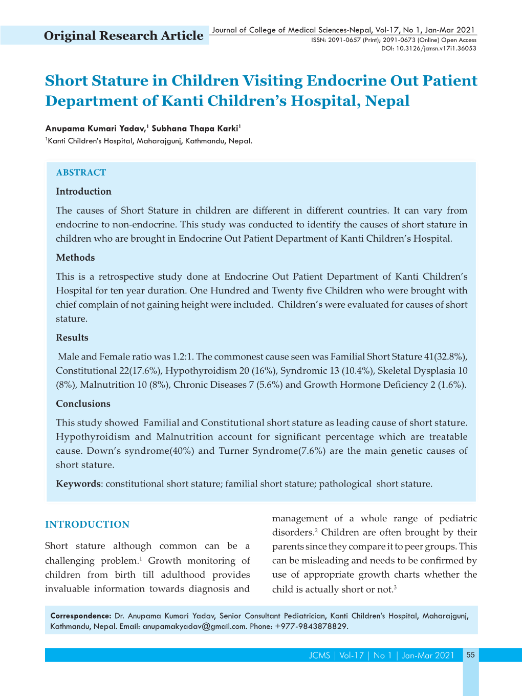 Short Stature in Children Visiting Endocrine out Patient Department of Kanti Children’S Hospital, Nepal