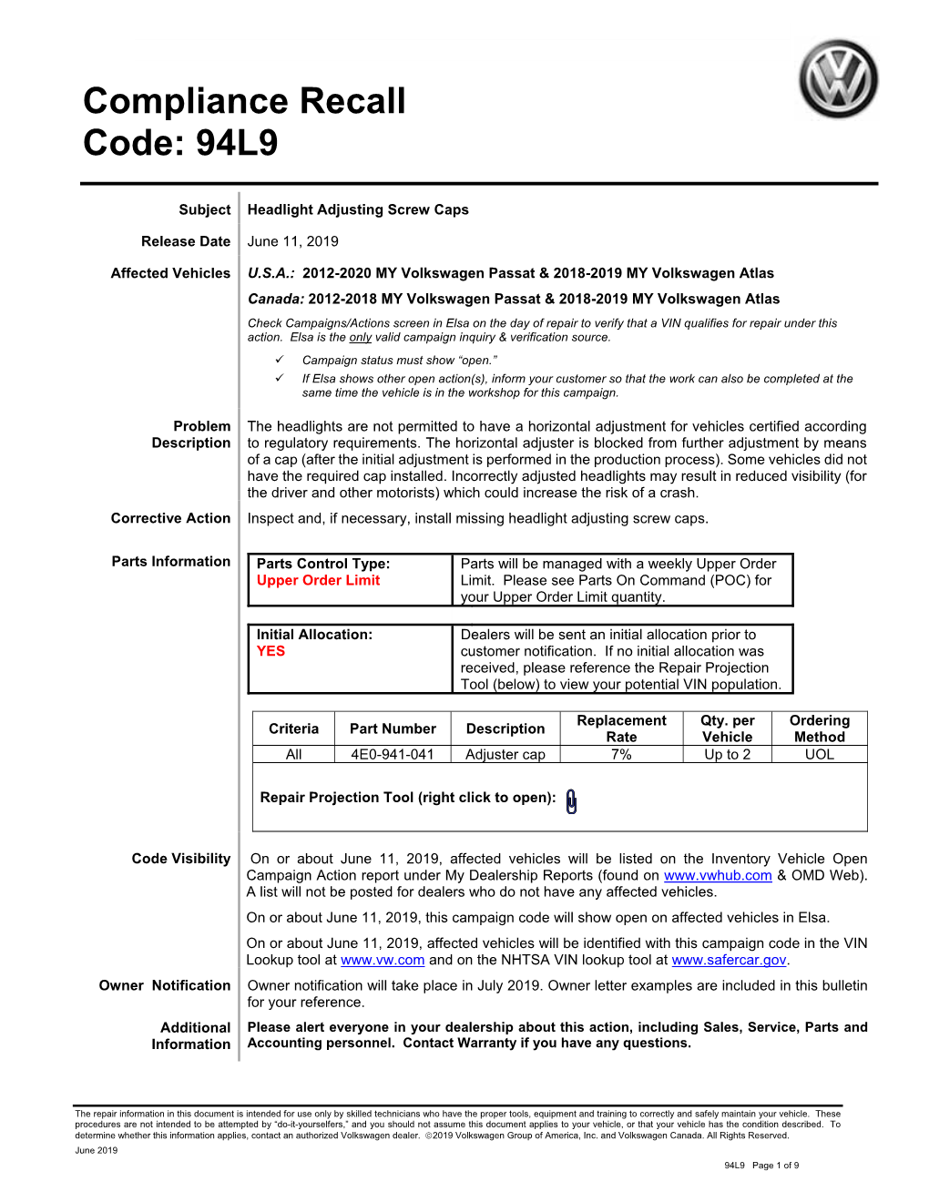 Compliance Recall Code: 94L9