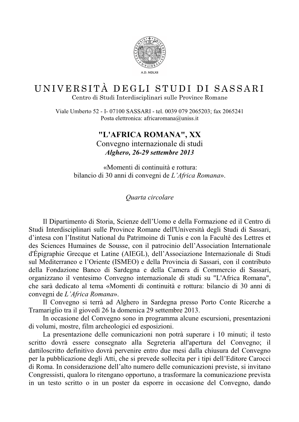 UNIVERSITÀ DEGLI STUDI DI SASSARI Centro Di Studi Interdisciplinari Sulle Province Romane