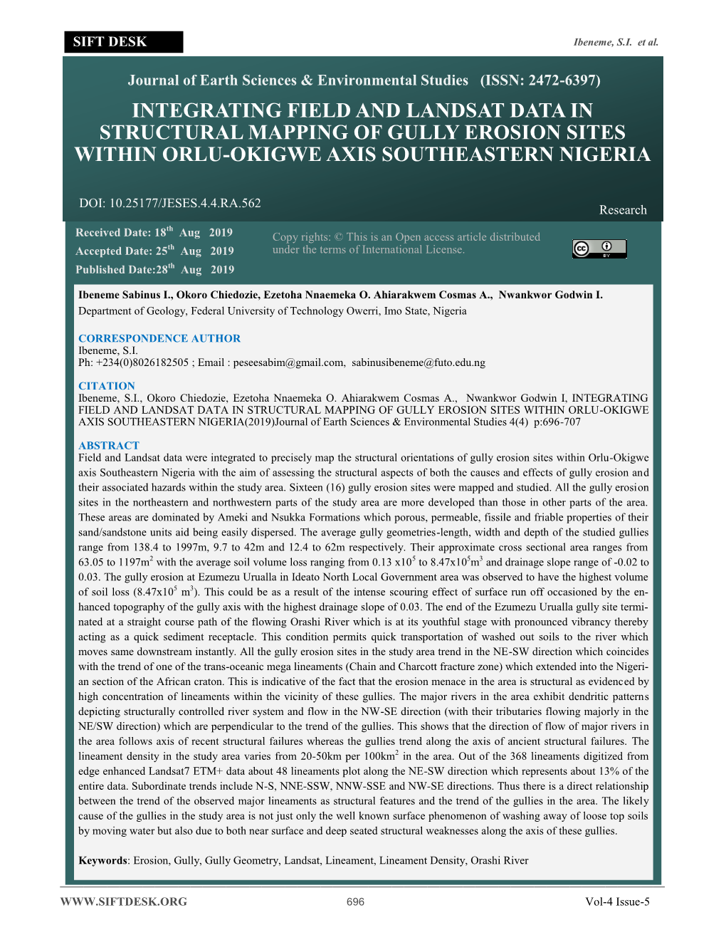 Integrating Field and Landsat Data in Structural Mapping of Gully Erosion Sites Within Orlu-Okigwe Axis Southeastern Nigeria