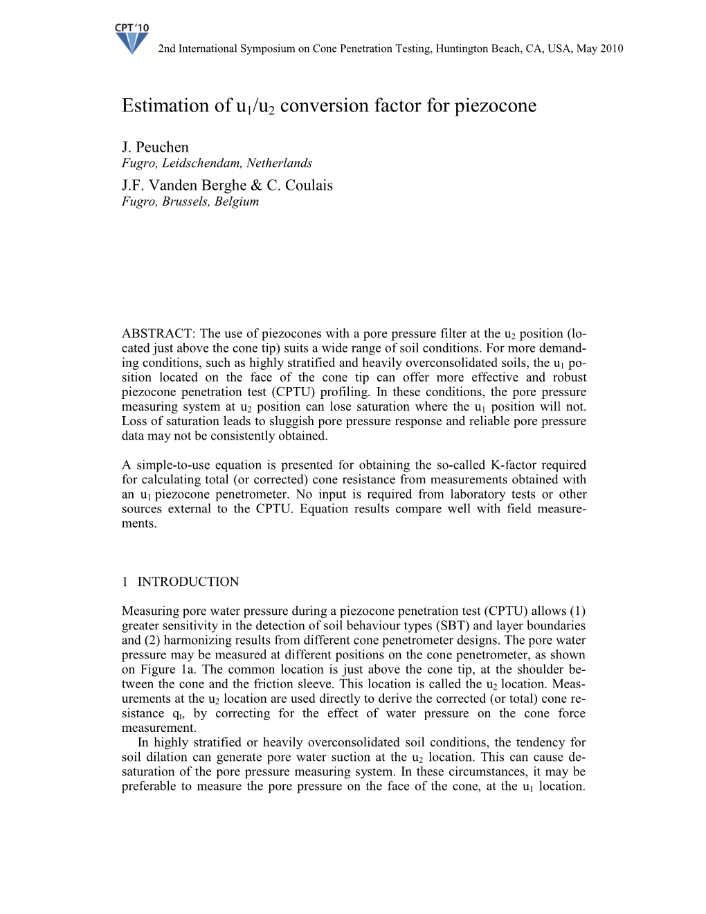 Estimation of U1/U2 Conversion Factor for Piezocone