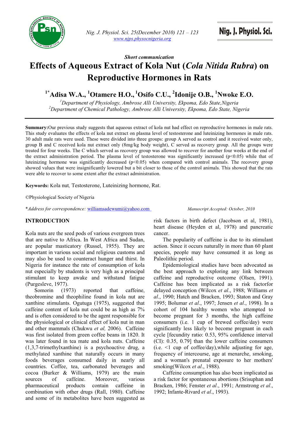 Effects of Aqueous Extract of Kola Nut (Cola Nitida Rubra) on Reproductive Hormones in Rats