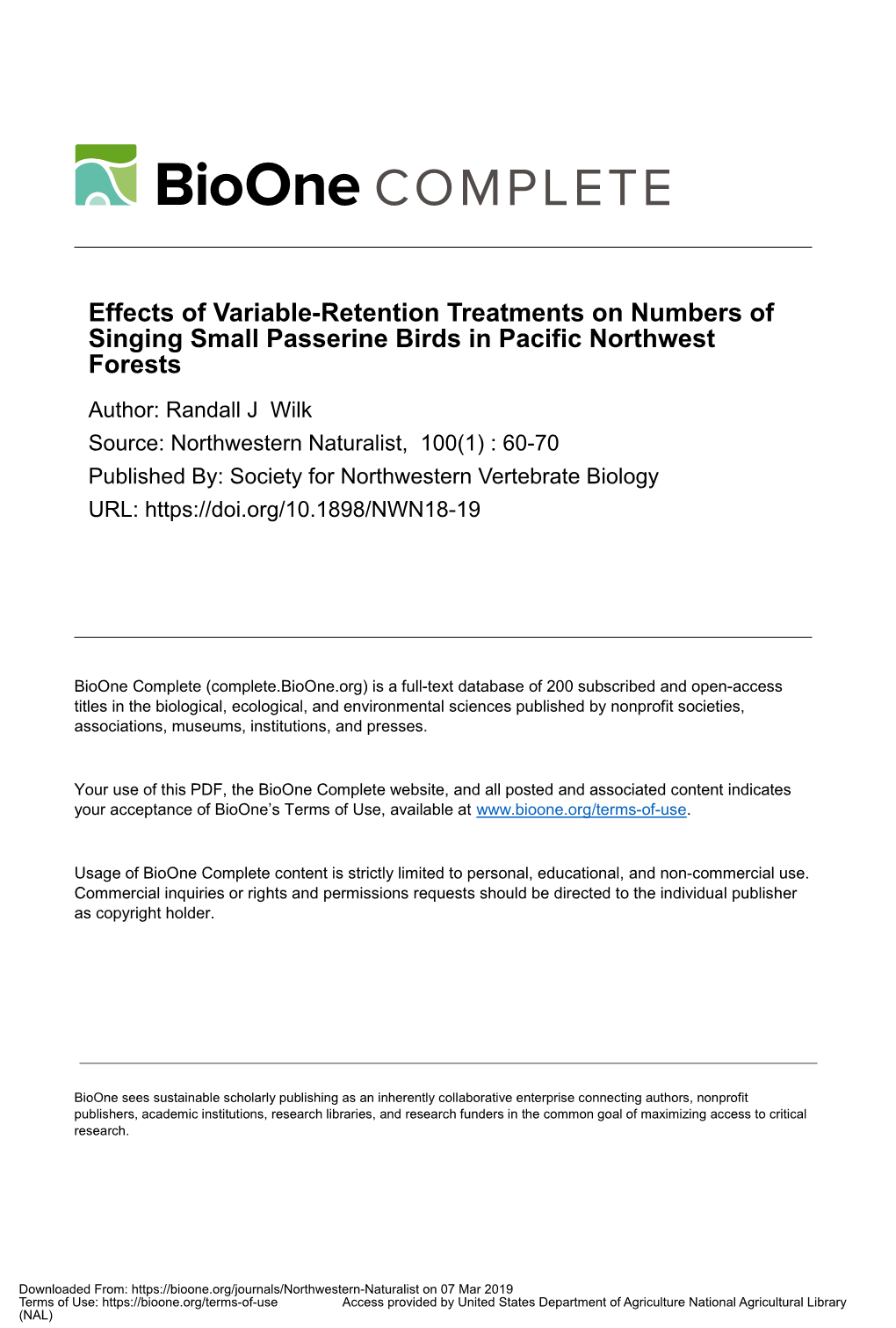 Effects of Variable-Retention Treatments on Numbers of Singing