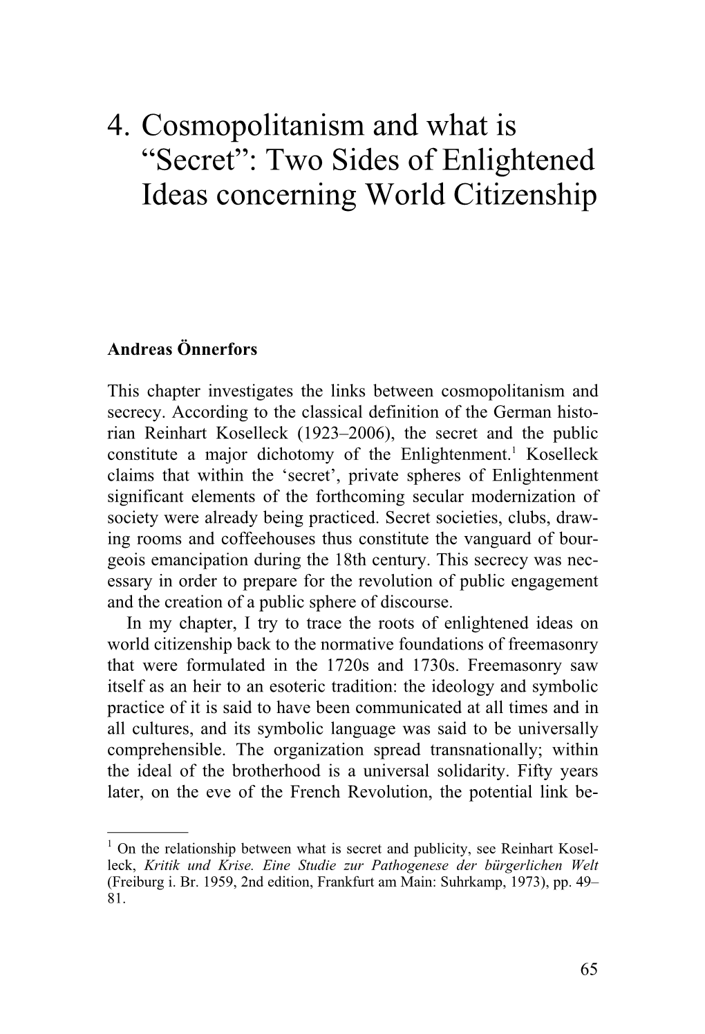 4. Cosmopolitanism and What Is “Secret”: Two Sides of Enlightened Ideas Concerning World Citizenship