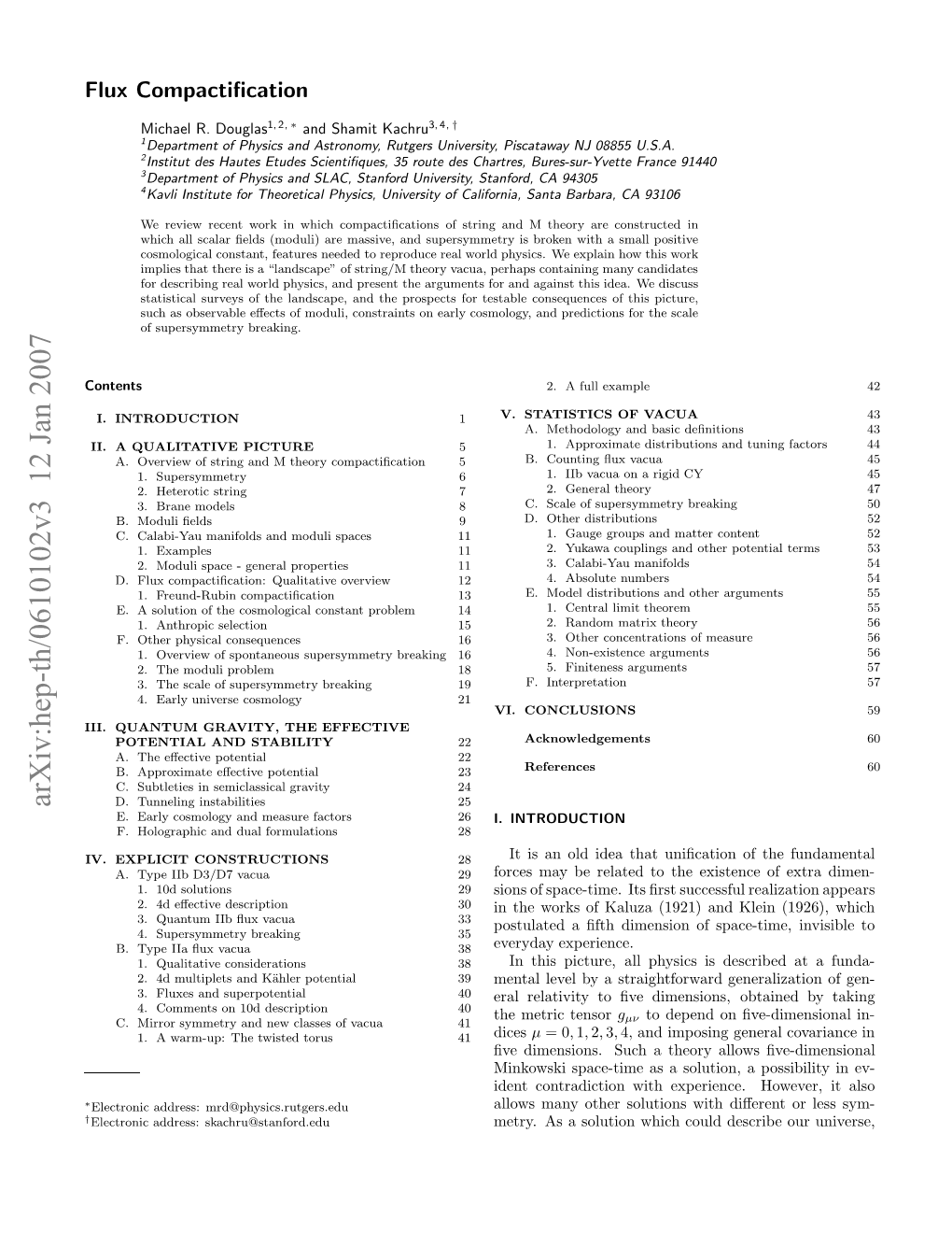 Arxiv:Hep-Th/0610102V3 12 Jan 2007 Contents † ∗ Compactiﬁcation Flux I.QATMGAIY H EFFECTIVE the GRAVITY, QUANTUM III