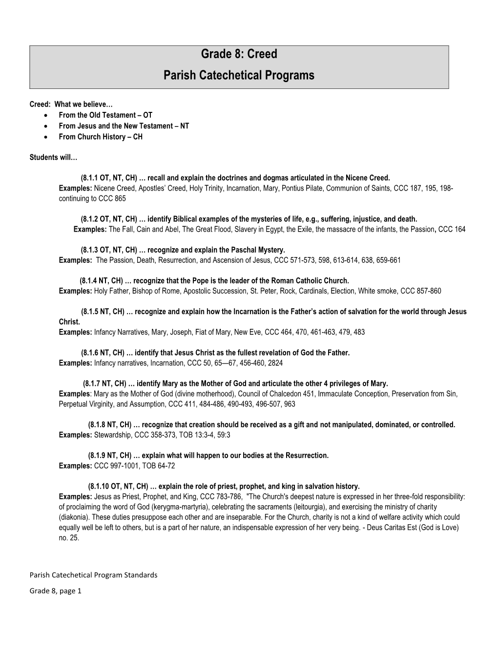 Grade 8: Creed Parish Catechetical Programs