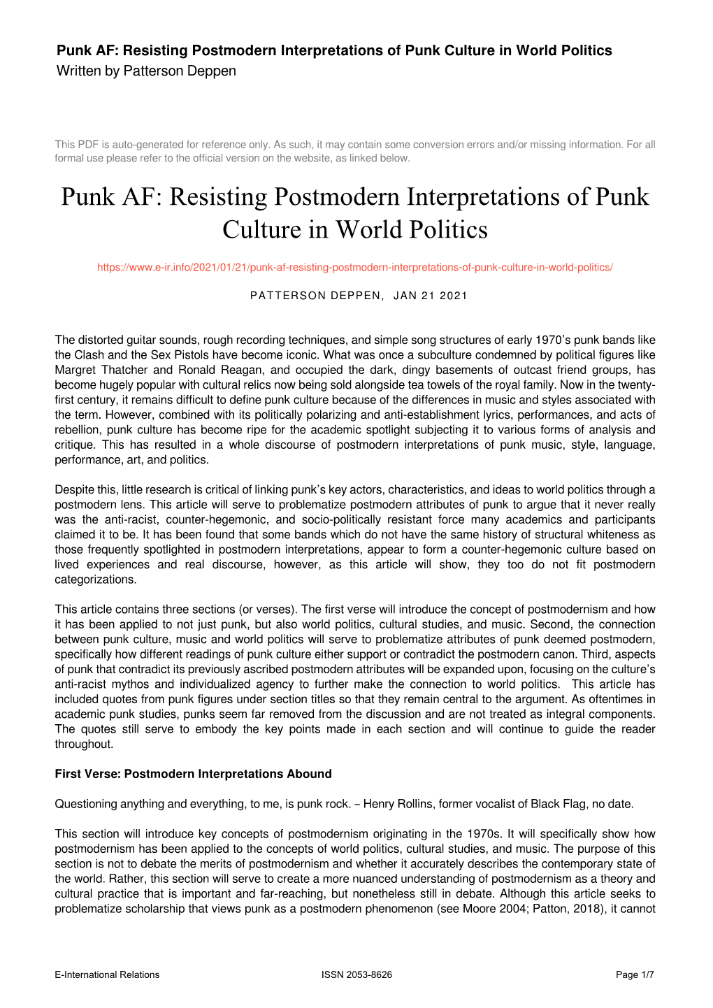 Resisting Postmodern Interpretations of Punk Culture in World Politics Written by Patterson Deppen