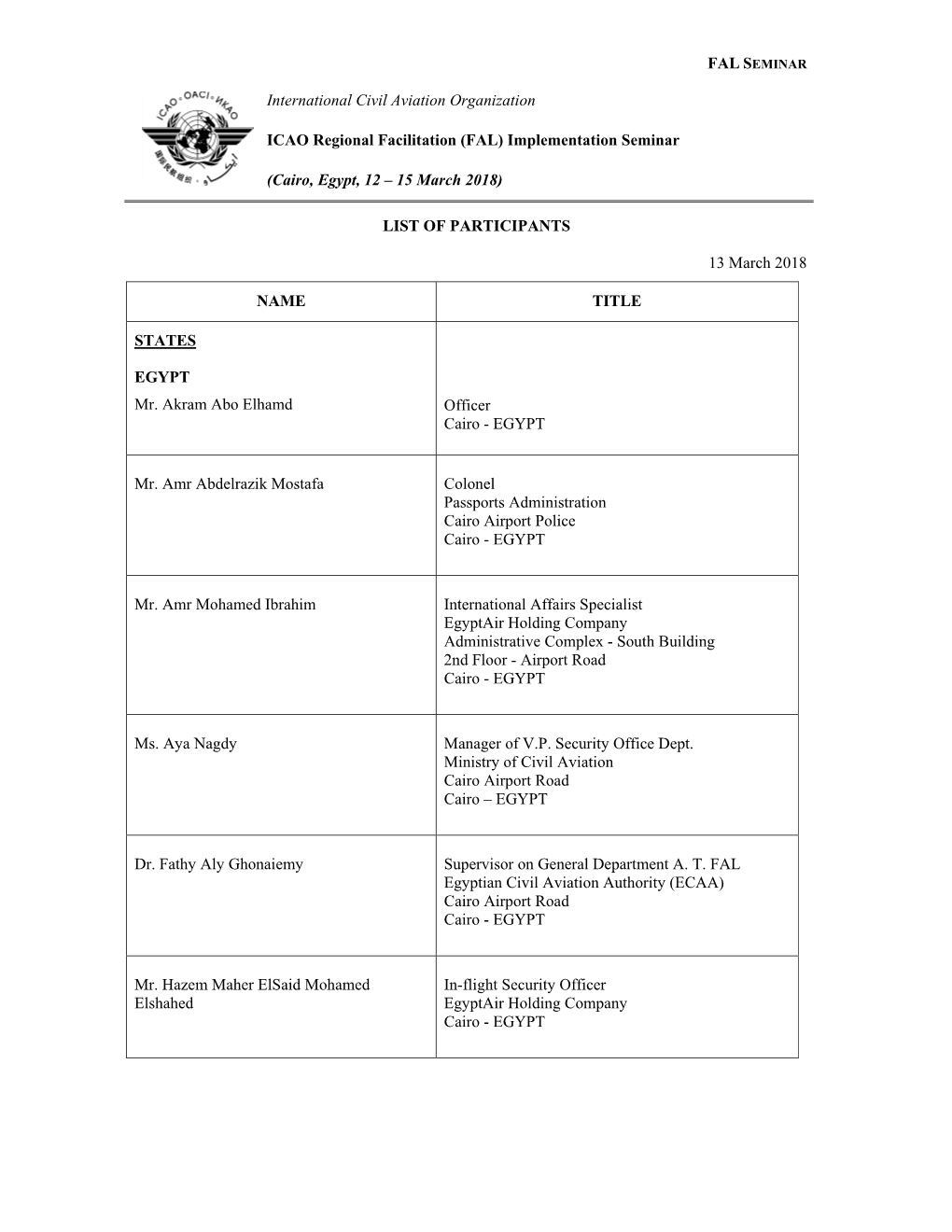 (FAL) Implementation Seminar (Cairo, Egypt, 12 – 15 March