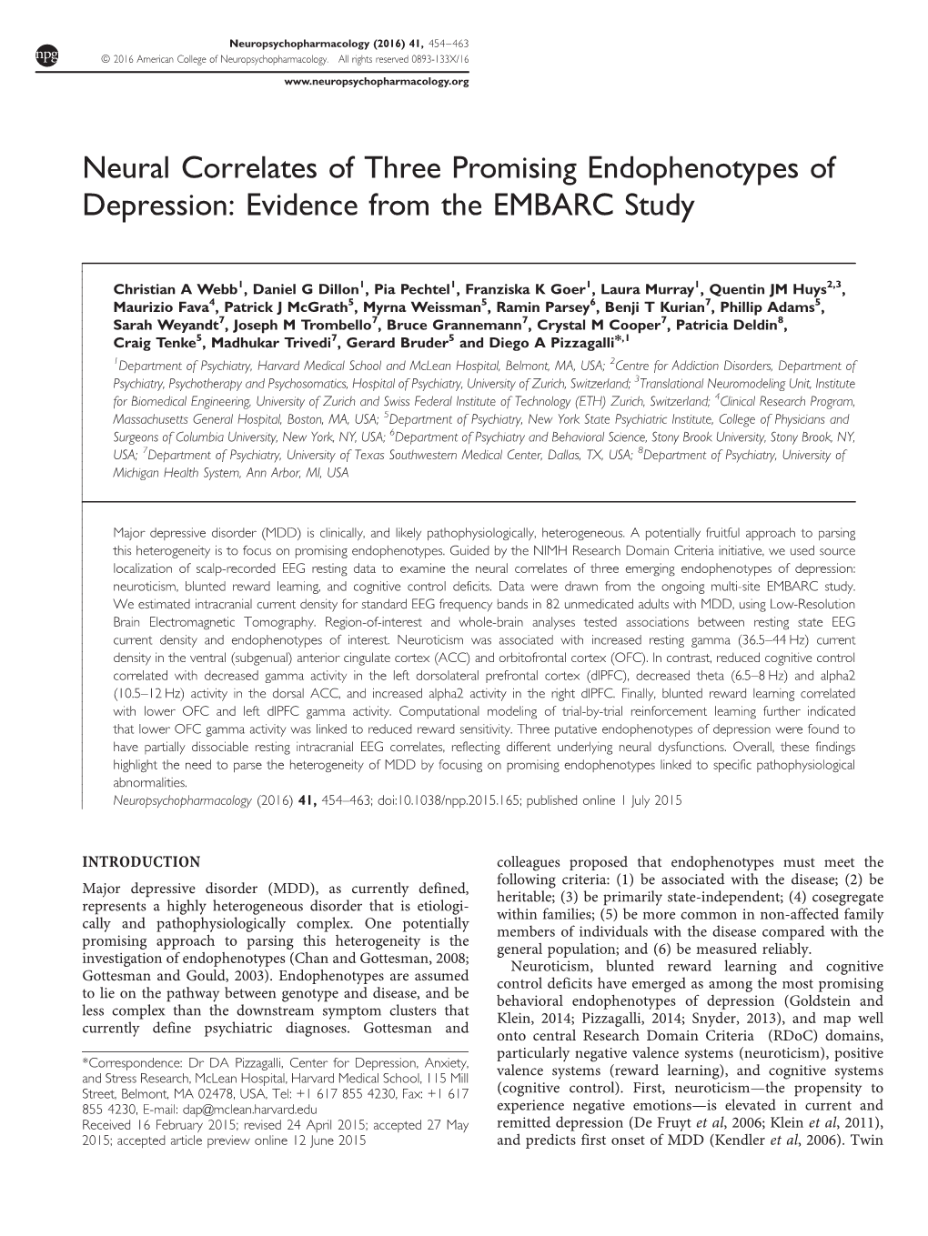 Neural Correlates of Three Promising Endophenotypes of Depression: Evidence from the EMBARC Study