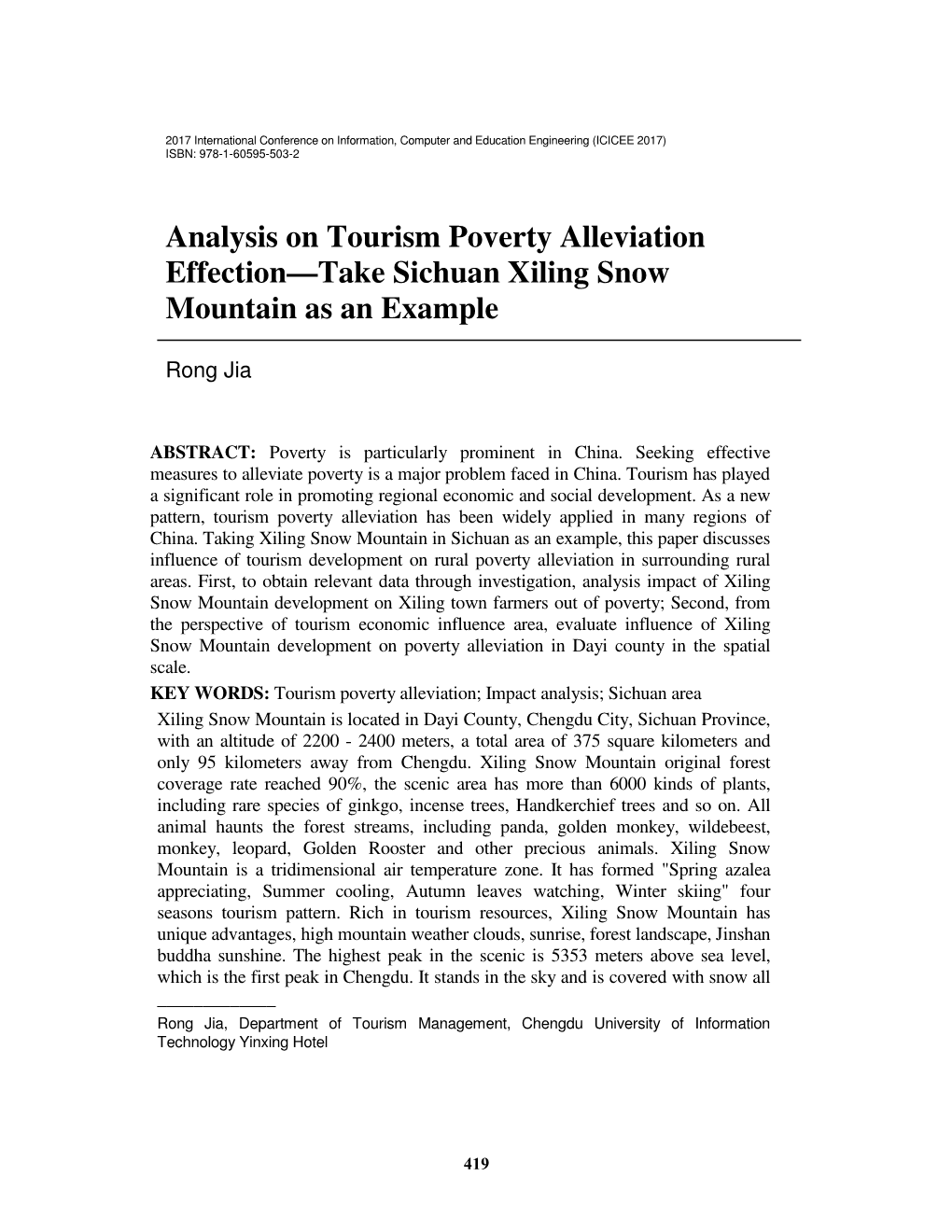 Analysis on Tourism Poverty Alleviation Effection—Take Sichuan Xiling Snow Mountain As an Example