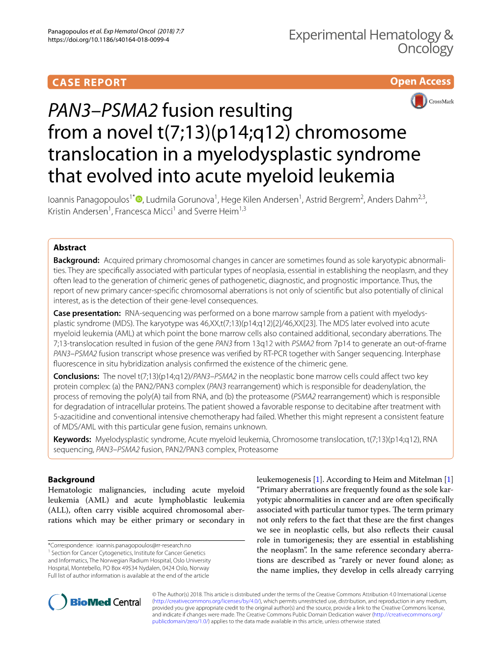 PAN3–PSMA2 Fusion Resulting from a Novel T(7;13)(P14;Q12) Chromosome