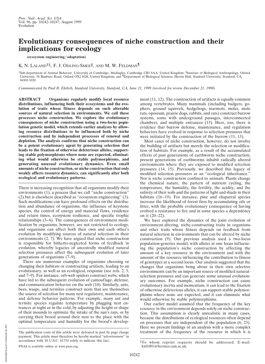 Niche Construction and Their Implications for Ecology (Ecosystem Engineering͞adaptation)