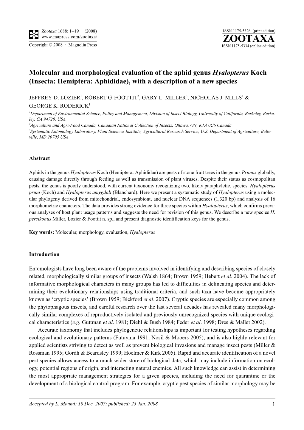 Zootaxa, Molecular and Morphological Evaluation of The