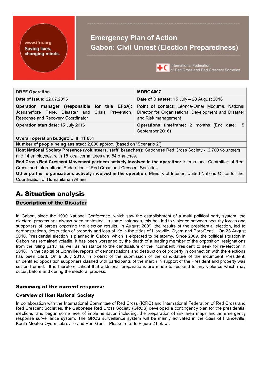 Emergency Plan of Action Gabon: Civil Unrest (Election Preparedness)