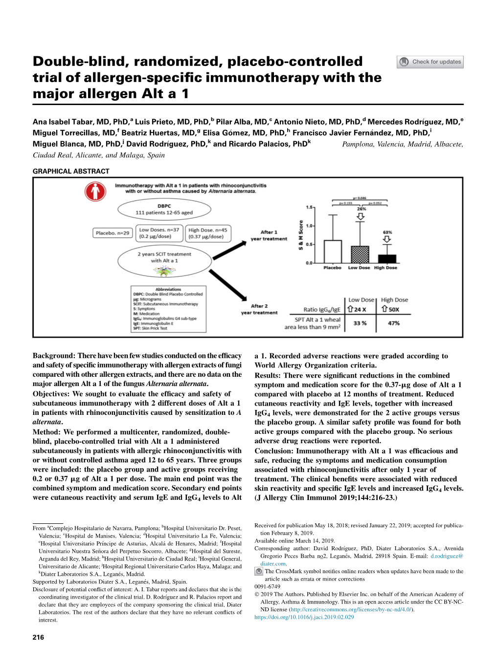 Double-Blind, Randomized, Placebo-Controlled Trial of Allergen-Speciﬁc Immunotherapy with the Major Allergen Alt a 1