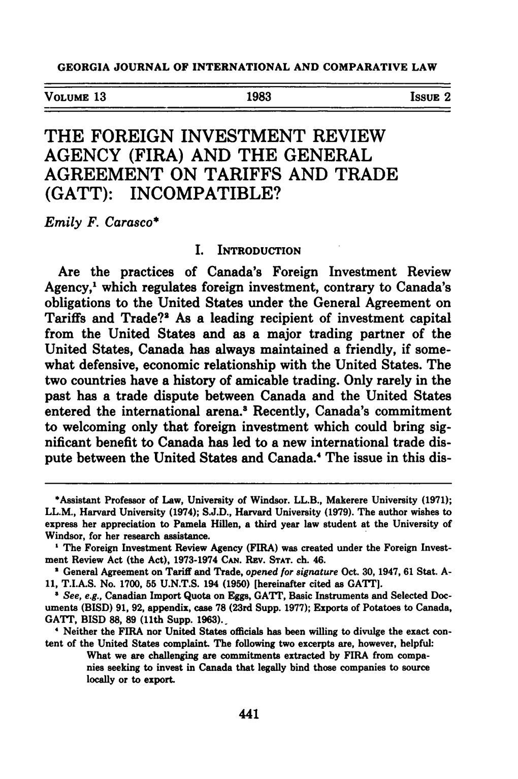 The Foreign Investment Review Agency (Fira) and the General Agreement on Tariffs and Trade (Gatt): Incompatible?