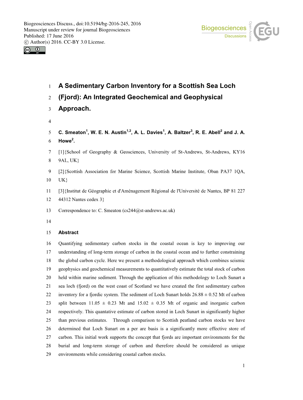 A Sedimentary Carbon Inventory for a Scottish Sea Loch (Fjord): An