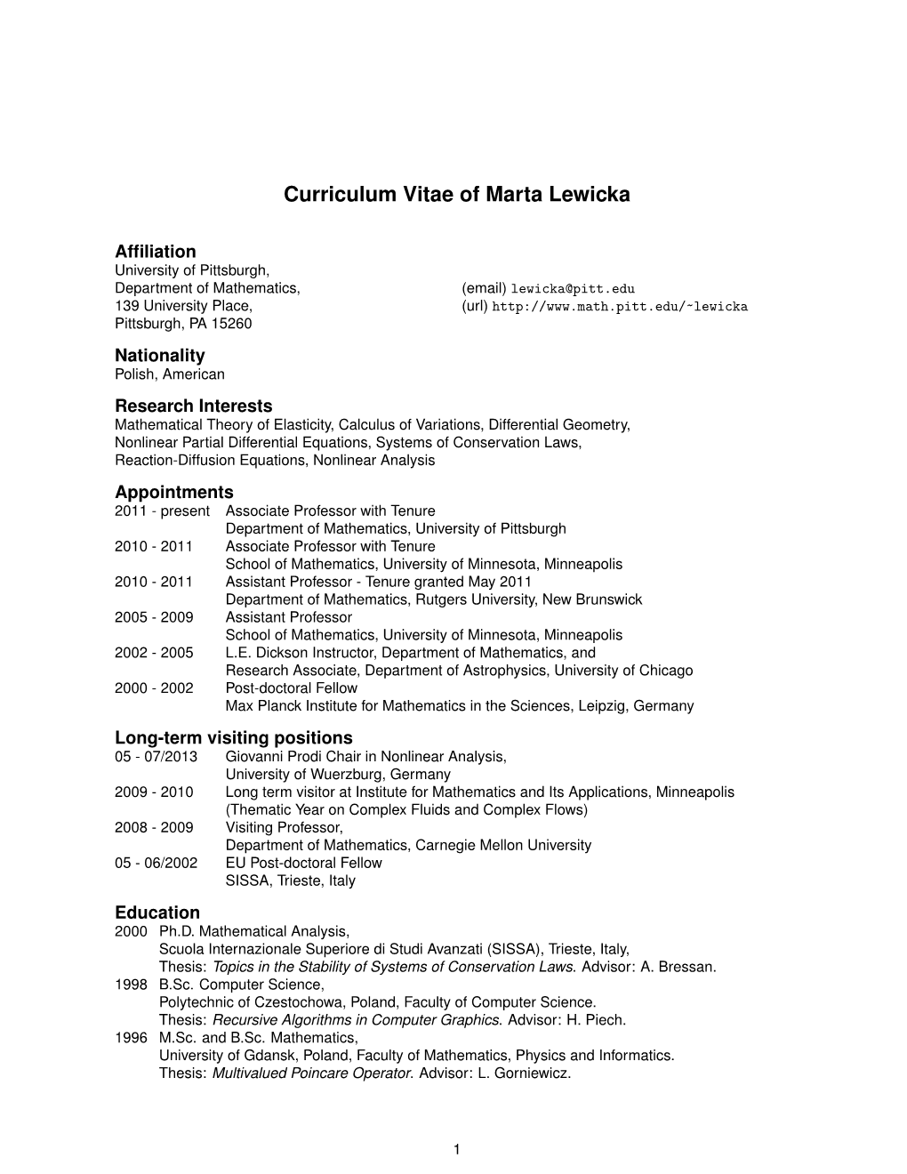 Curriculum Vitae of Marta Lewicka