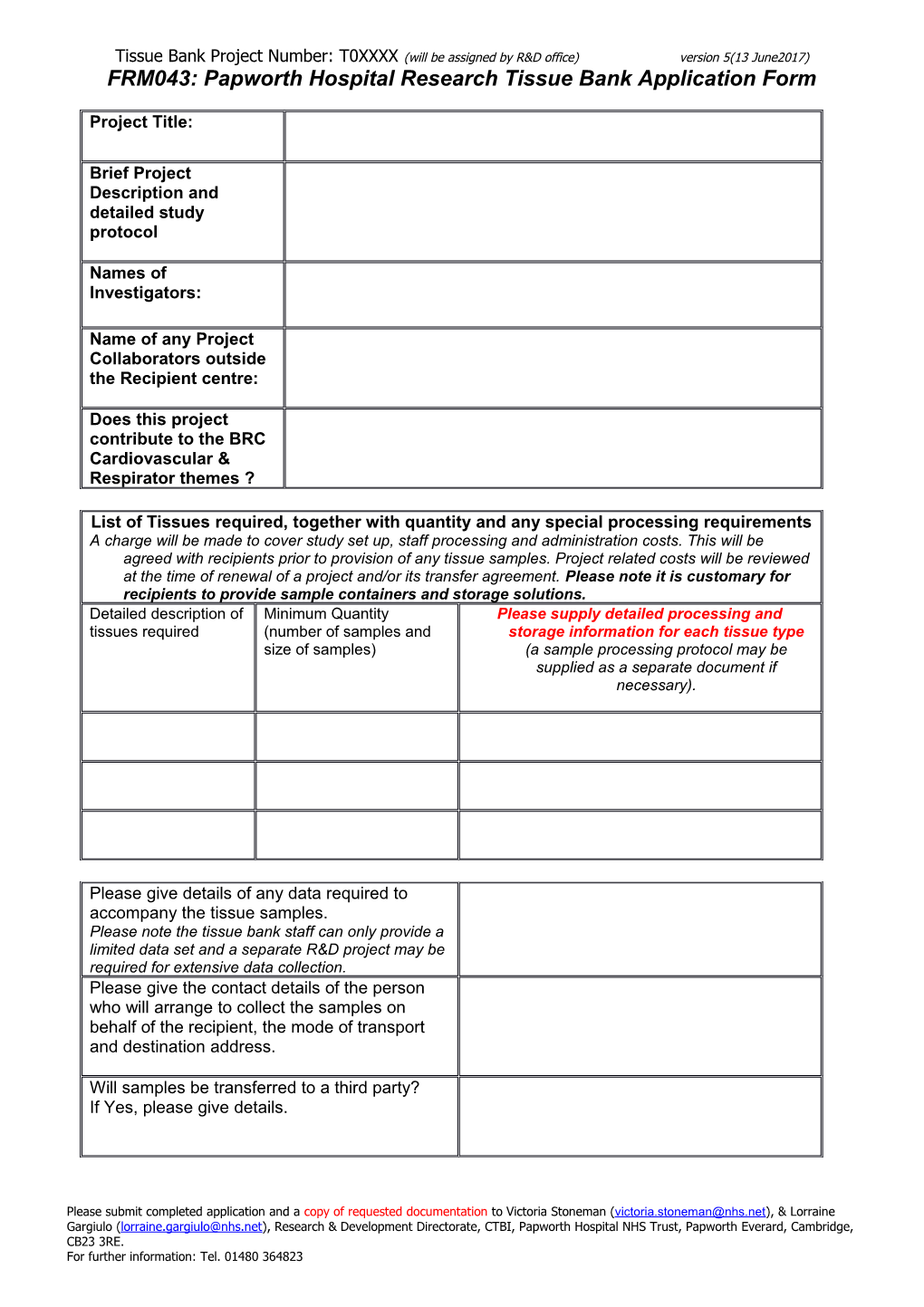 Papworth Hospital Research Tissue Bank (PHRTB) Generic Ethical Approval