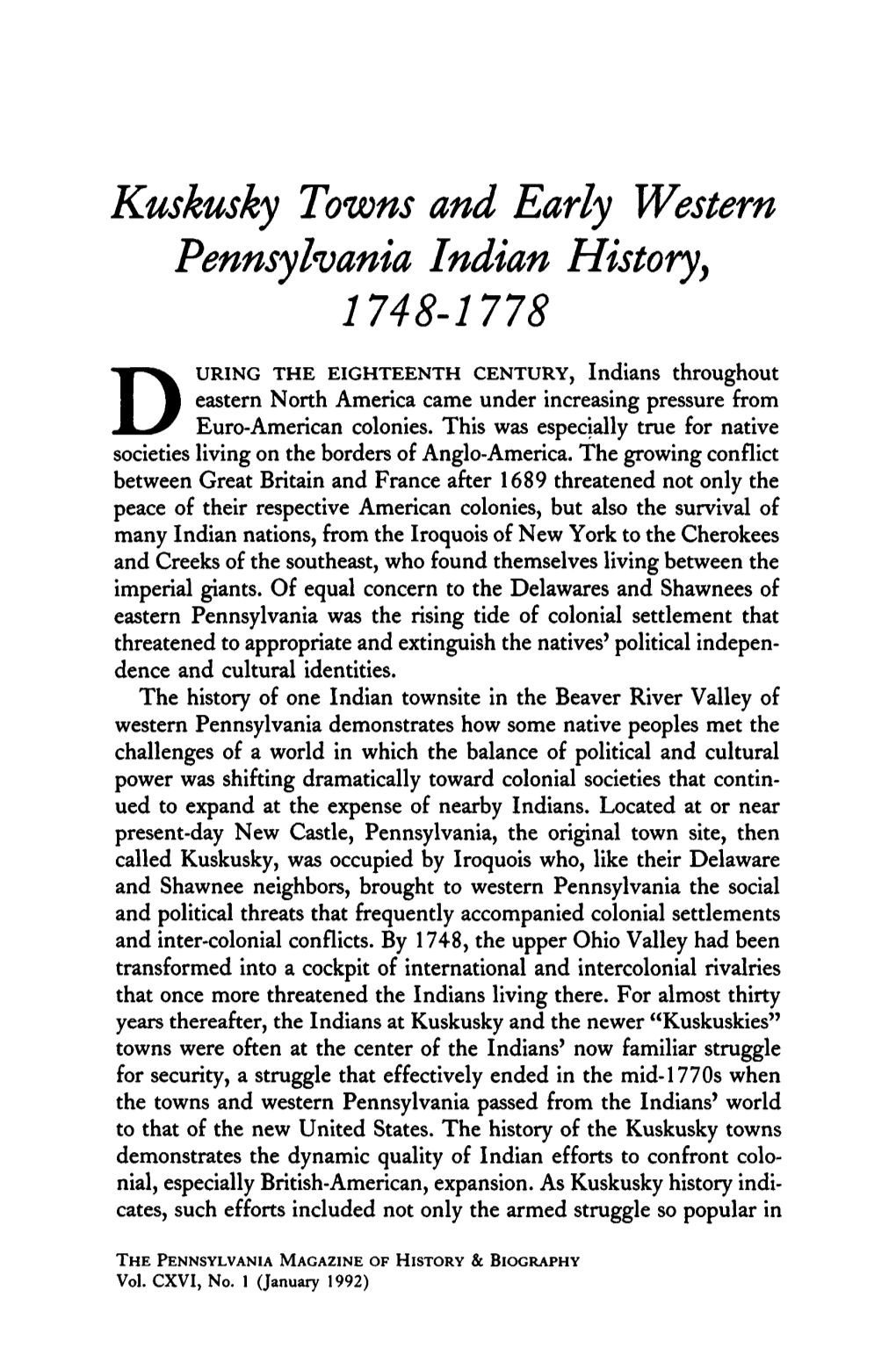 Kuskusky Towns and Early Western Pennsylvania Indian History, 1748-1778