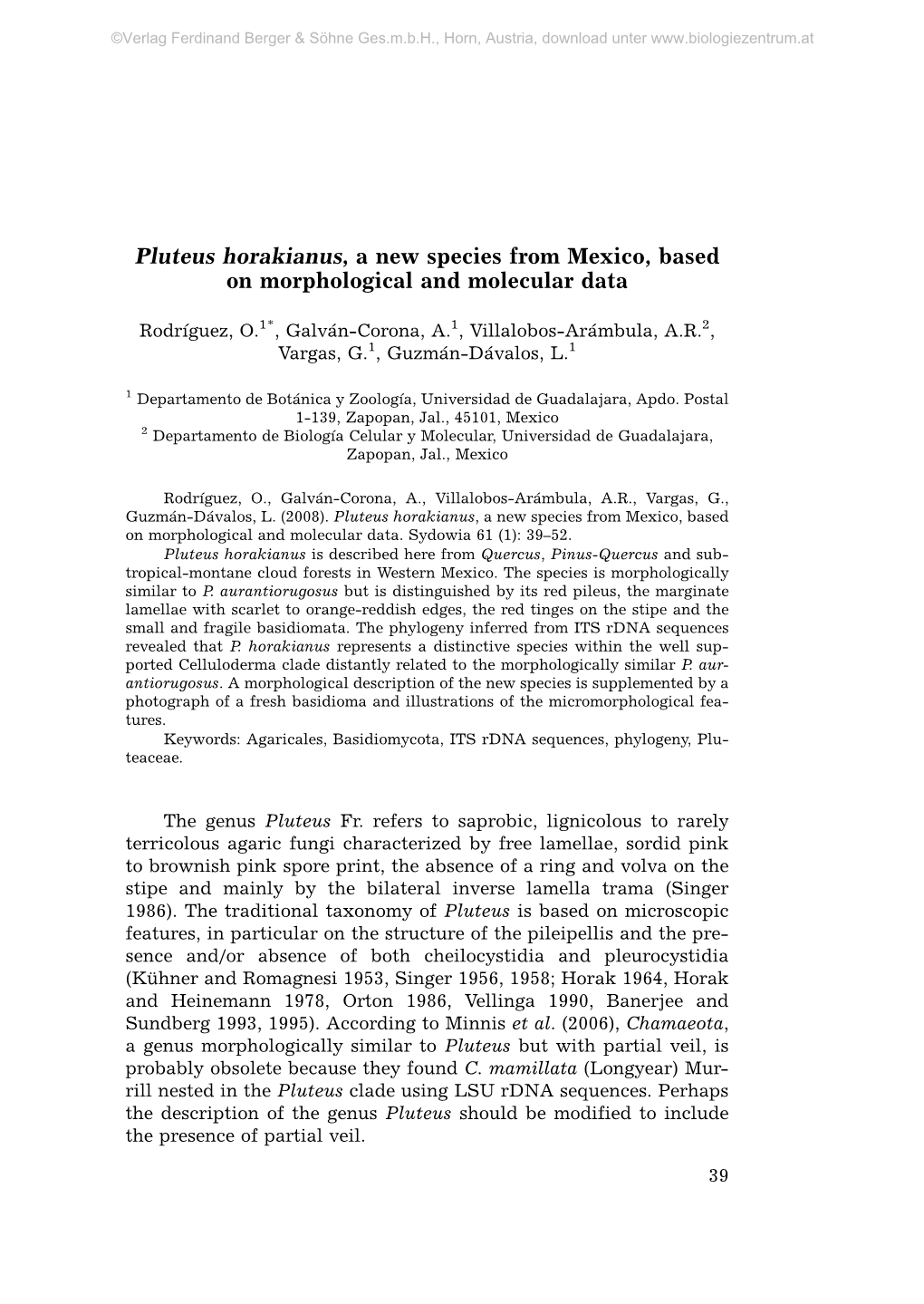 Pluteus Horakianus, a New Species from Mexico, Based on Morphological and Molecular Data