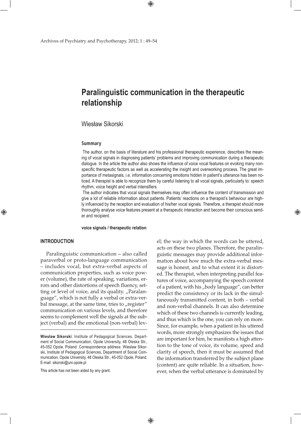 Paralinguistic Communication in the Therapeutic Relationship