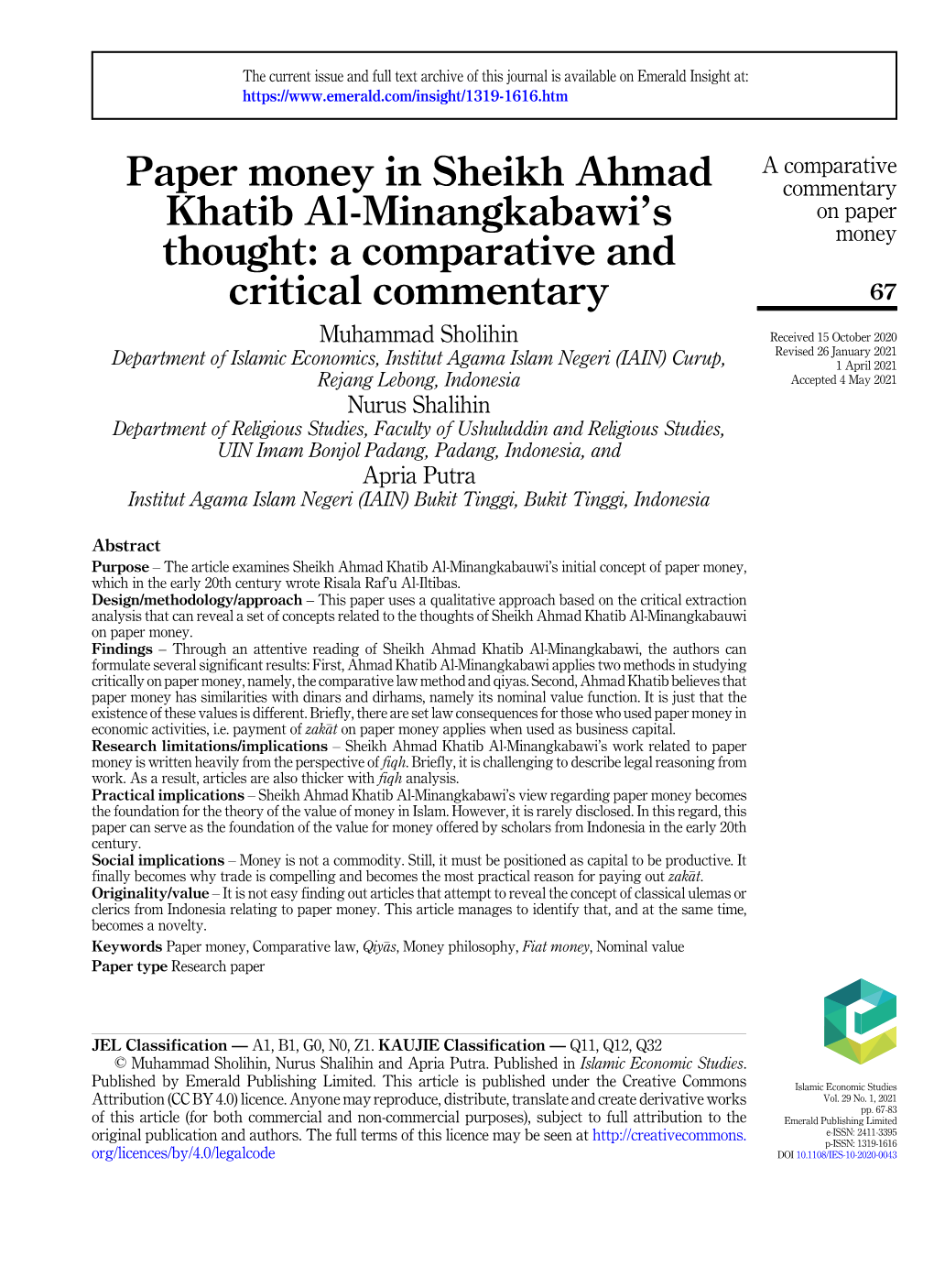 Paper Money in Sheikh Ahmad Khatib Al-Minangkabawi's Thought: a Comparative and Critical Commentary