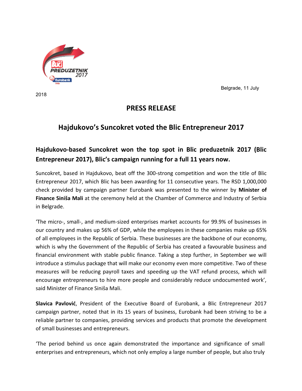 PRESS RELEASE Hajdukovo's Suncokret Voted the Blic