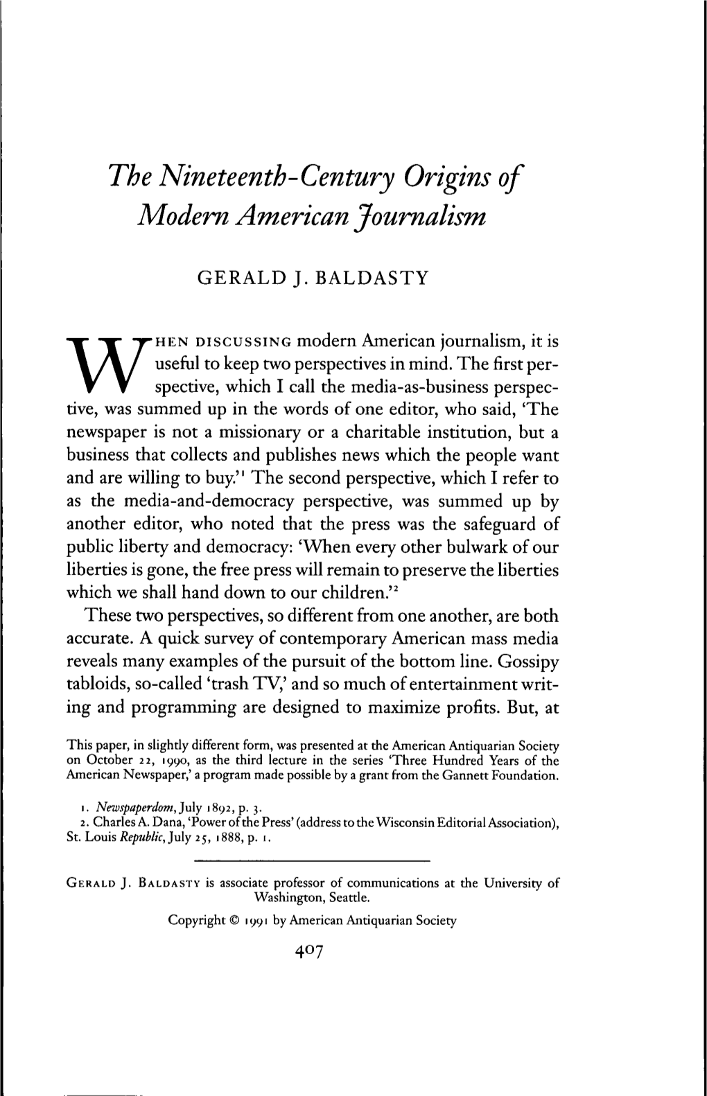 The Nineteenth-Century Origins of Modem American Journalism