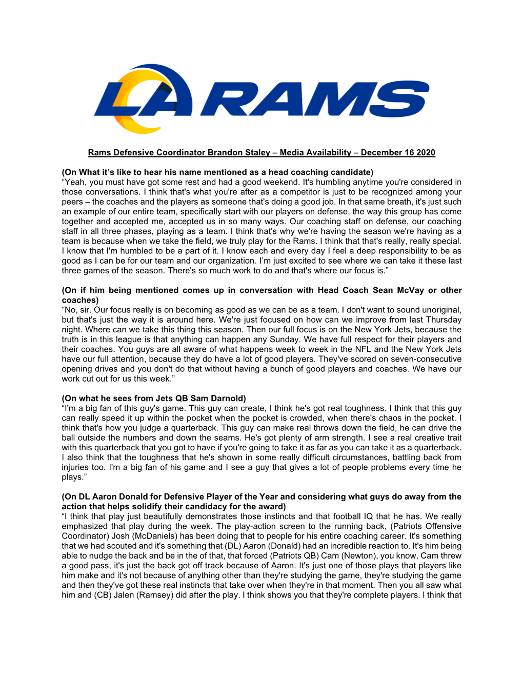 Rams Defensive Coordinator Brandon Staley – Media Availability – December 16 2020