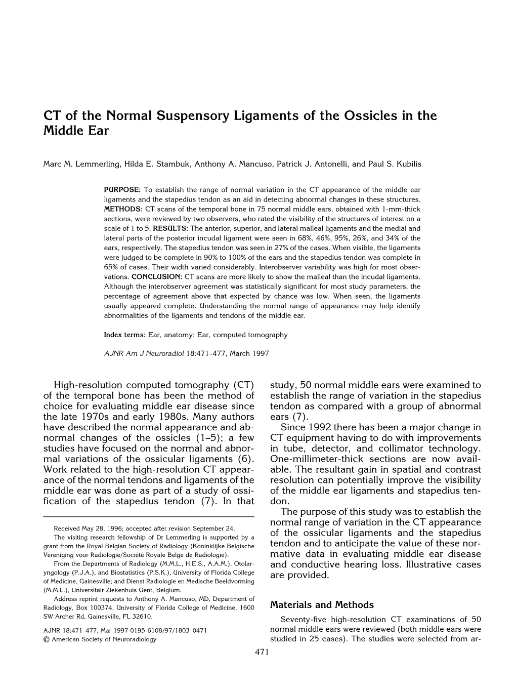 CT of the Normal Suspensory Ligaments of the Ossicles in the Middle Ear