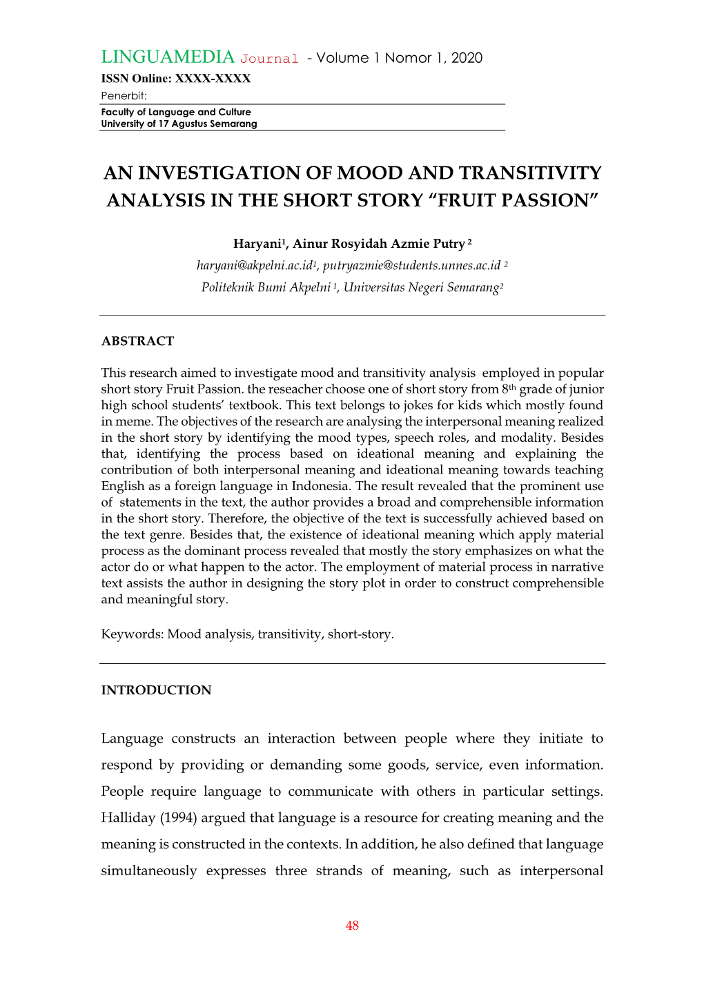 An Investigation of Mood and Transitivity Analysis in the Short Story “Fruit Passion”