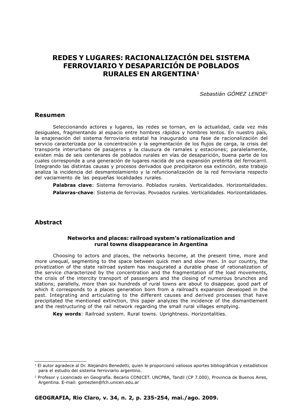 Racionalización Del Sistema Ferroviario Y Desaparición De Poblados Rurales En Argentina1