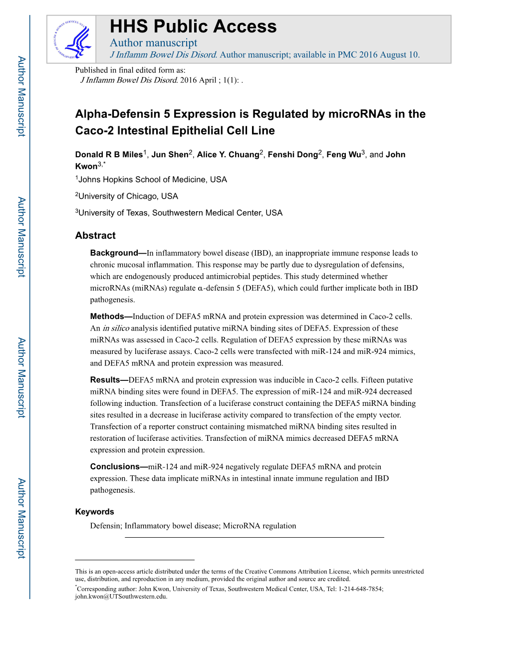 Alpha-Defensin 5 Expression Is Regulated by Micrornas in the Caco-2 Intestinal Epithelial Cell Line